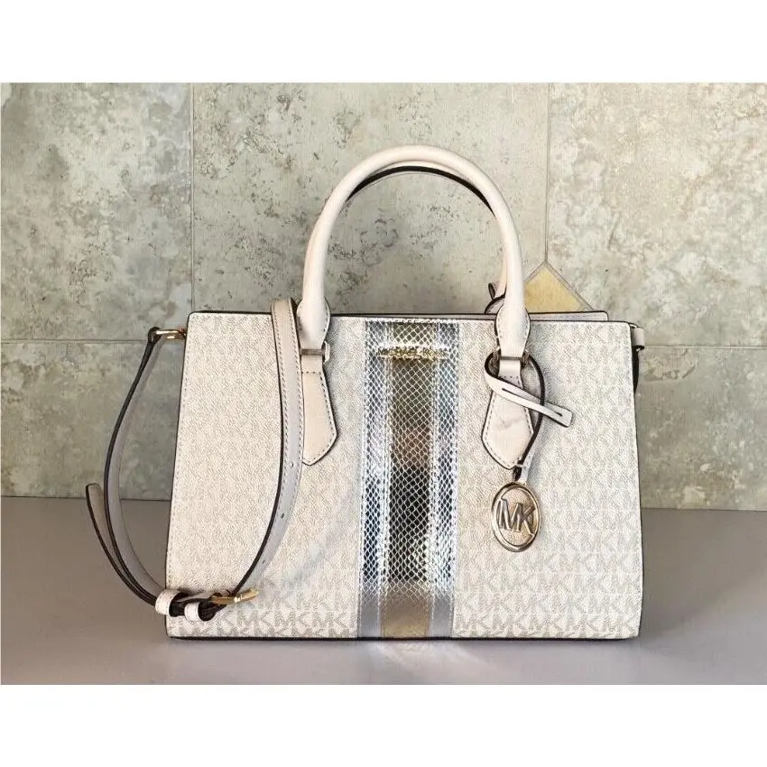 Sheila Medium Center Zip Satchel Shoulder Crossbody Bag MK Pale Gold Multi Center Stripe by Michael Kors