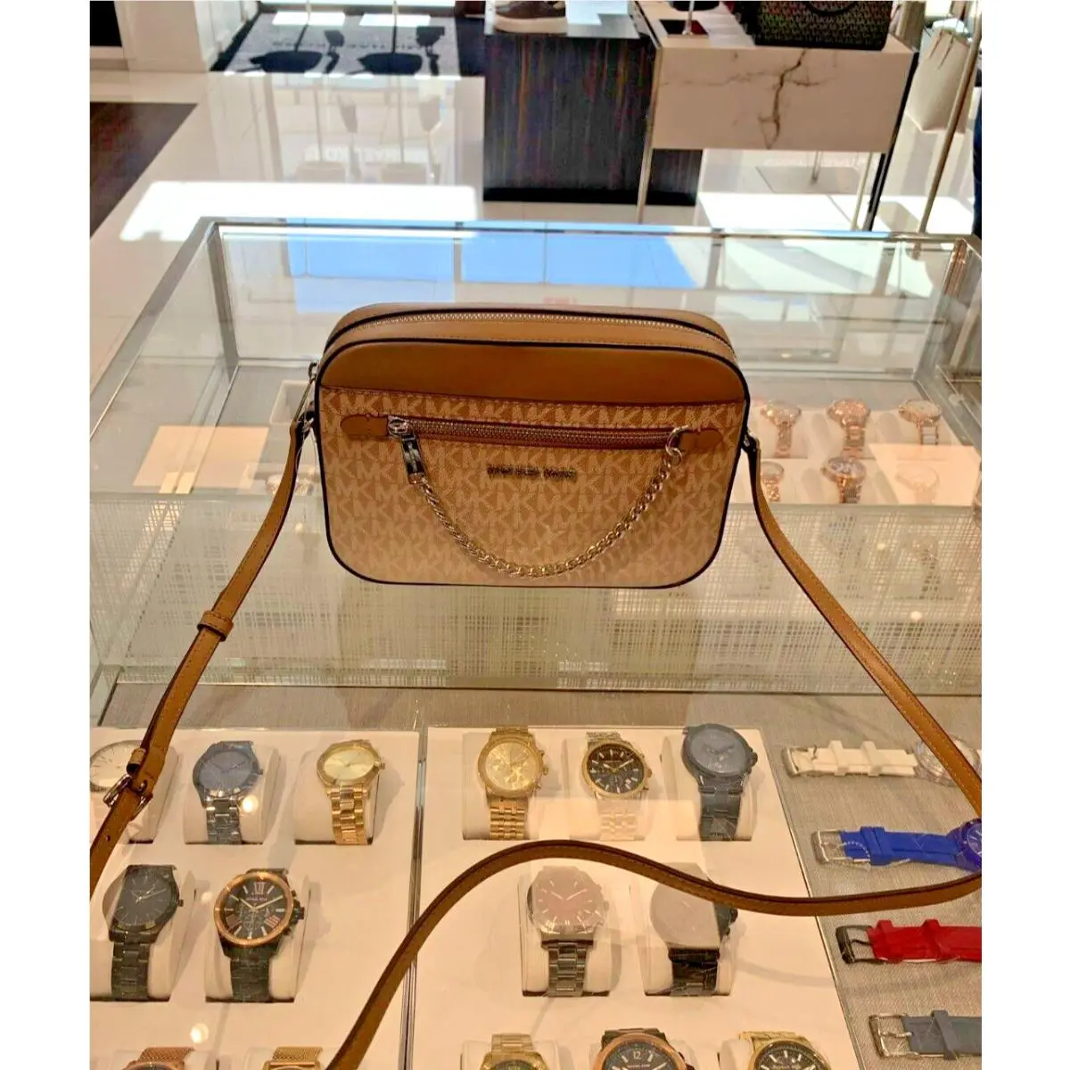 Jet Set Large EW Logo Crossbody Bag with Zip Chain Strap Variation HUSK by Michael Kors