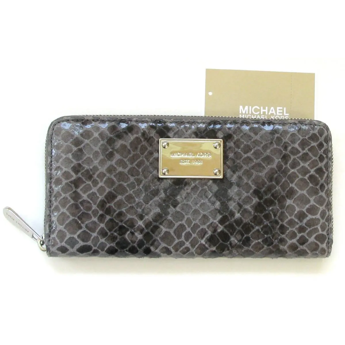 Michael Kors Items Black Gray+brown Python Embossed Leather Clutch Wallet-new