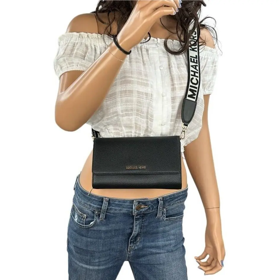 Jet Set Item Large Zip Around Wallet Shoulder Crossbody Bag Black/Gold by Michael Kors