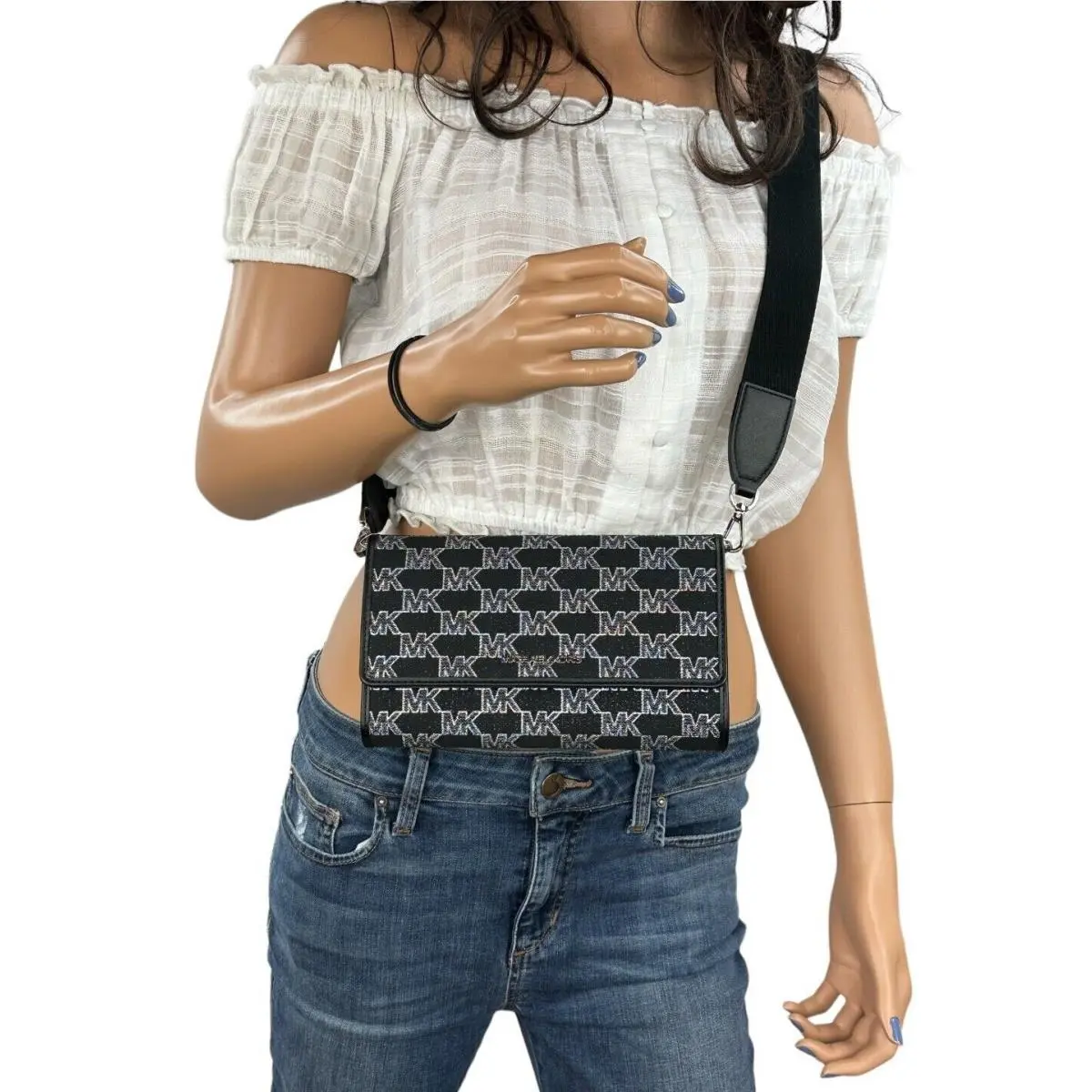 Jet Set Item Large Zip Around Wallet Shoulder Crossbody Bag MK Silver Glitter Black by Michael Kors