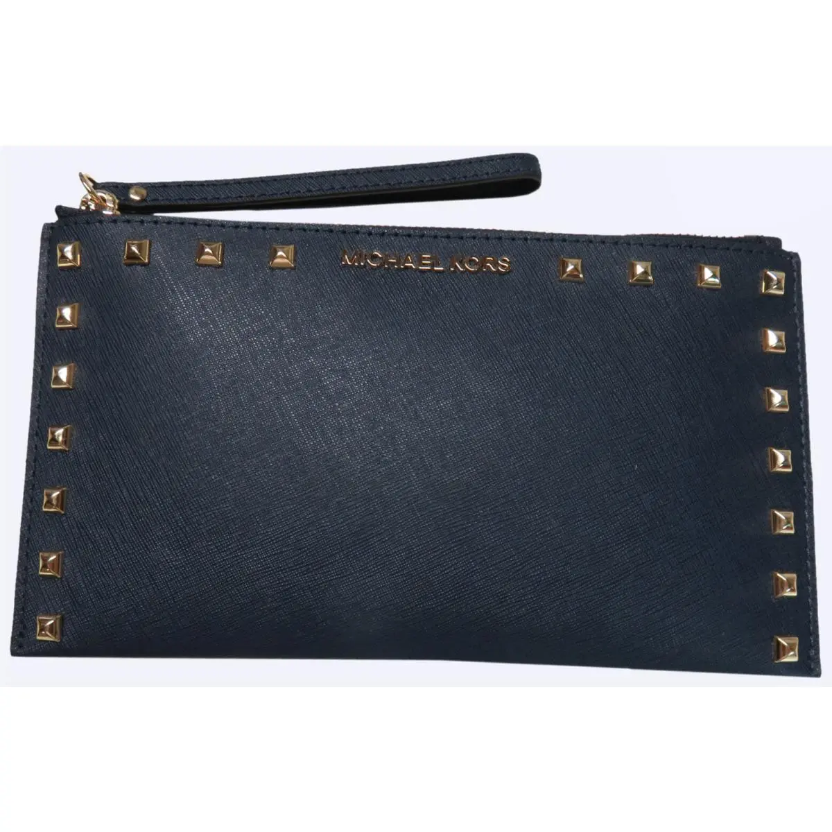 Womens Saffiano Leather Sandrine Stud Large Zip Clutch Navy by Michael Kors