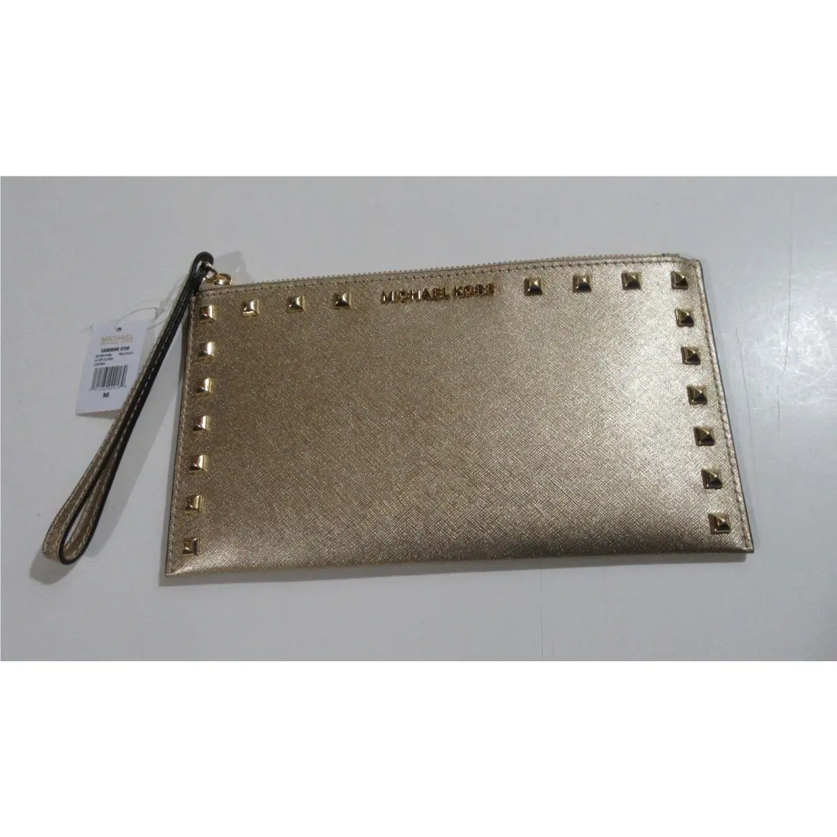 Womens Saffiano Leather Sandrine Stud Large Zip Clutch Pale Gold by Michael Kors