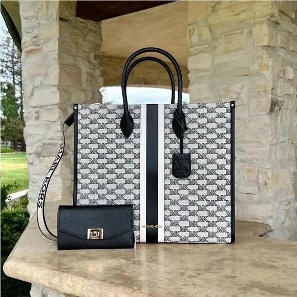Mirella Large NS Center Striped Tote Bag Black Wallet Options handbag+wallet by Michael Kors