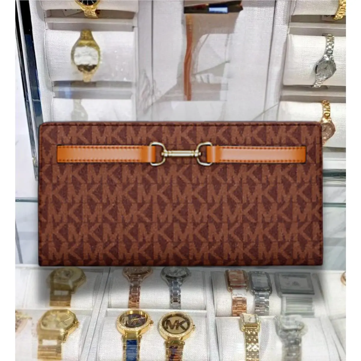 Carson Large MK Signature Card Holder Pocket Snap Women Flat Wallet BROWN by Michael Kors