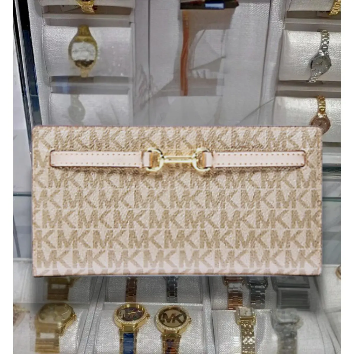 Carson Large MK Signature Card Holder Pocket Snap Women Flat Wallet PALE GOLD by Michael Kors