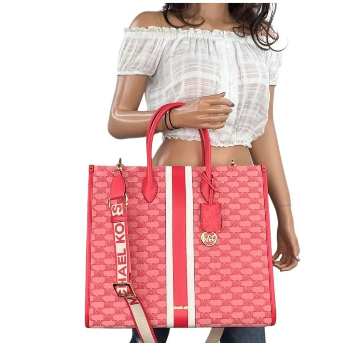 Mirella Large East West Tote Shoulder Bag Purse MK Center Stripe Grapefruit Multi by Michael Kors