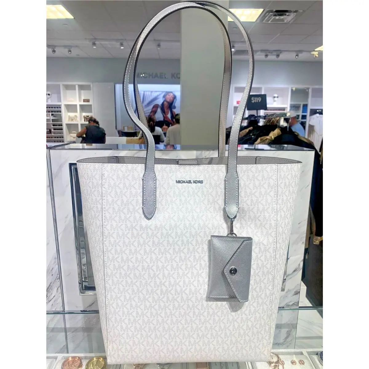 Michael Kors Vincent Large Pvc or Leather Tote w/ Attached Card Holder Charm Bag