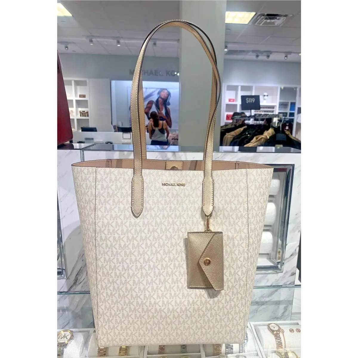 Vincent Large Pvc or Leather Tote w/ Attached Card Holder Charm Bag PALE GOLD by Michael Kors