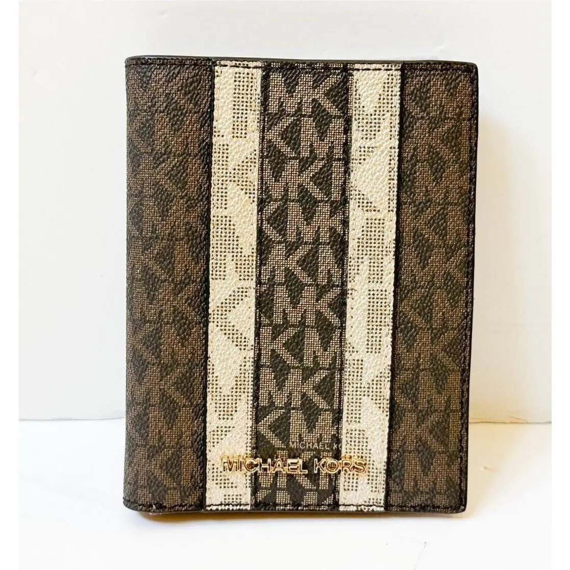 Jet Set Travel Passport Case Wallet MK Signature Multi Color Center Stripe MK Brown Multi by Michael Kors