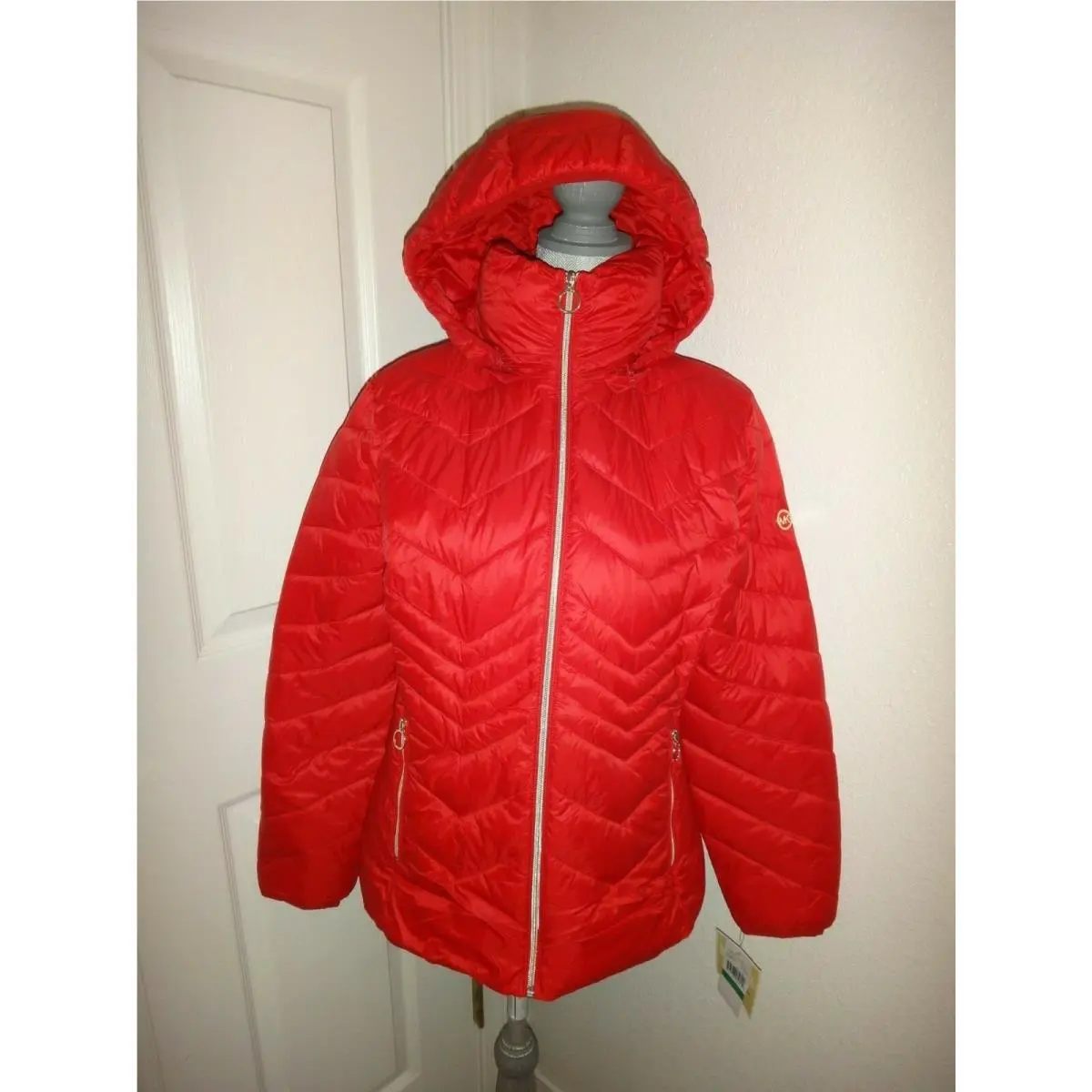 Michael Kors Women Packable Hooded Insulated Jacket W/bag Scarlet Red Nylon Sz L