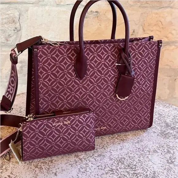 Womens Mirella MD EW Tote Shoulder Handbag/wallet Option Oxblood Handbag+Wallet by Michael Kors