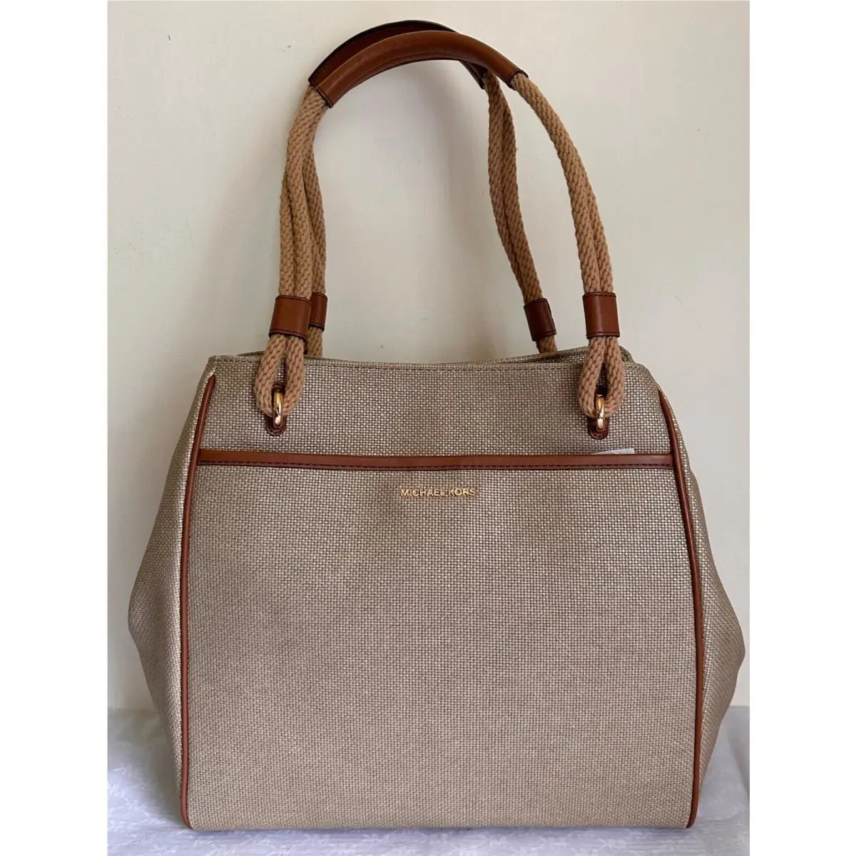 Michael Kors Talia Large Cotton Canvas Shoulder Grab Bag Beach Tote Gold/gold