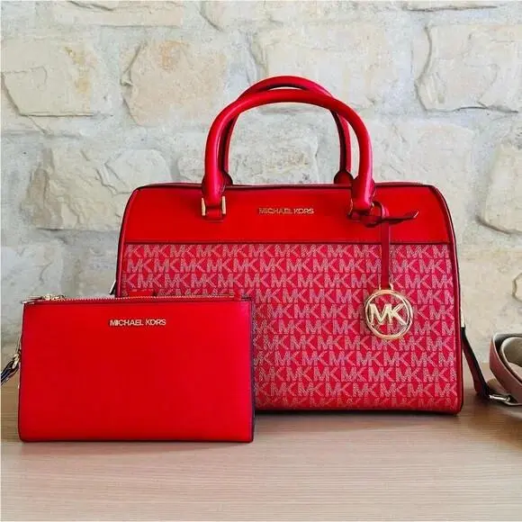 Michael Kors Jet Travel Medium Duffle Satchel Handbag/wallet Option Chilli Red