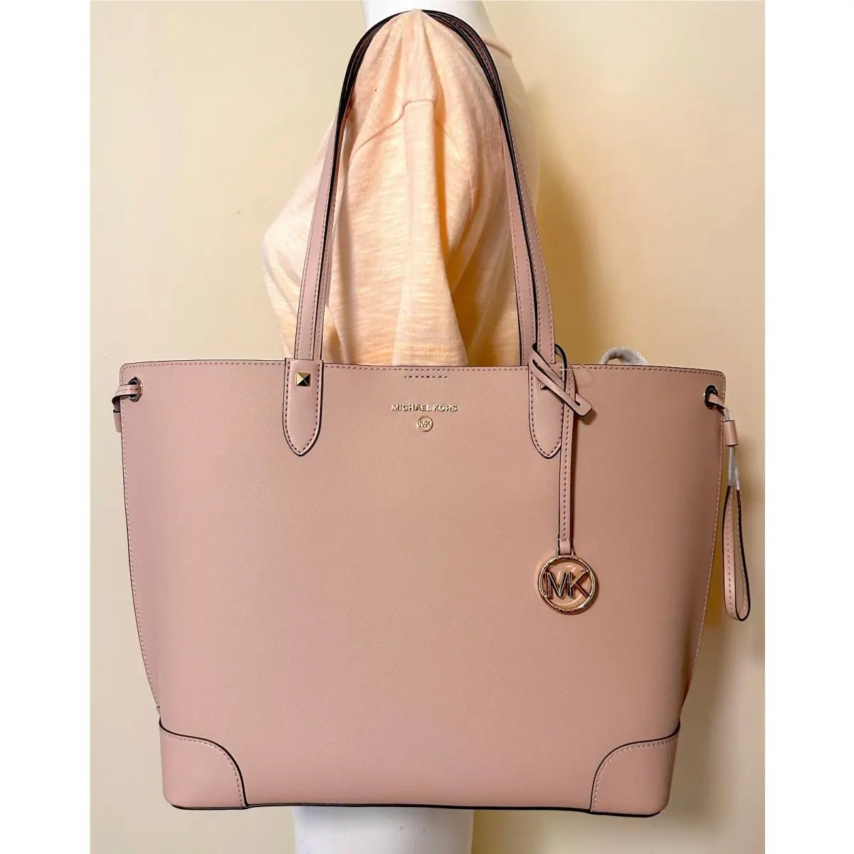 Edith Drawstring Large Saffiano Leather Tote Bag with Pouch Soft Pink/Gold by Michael Kors