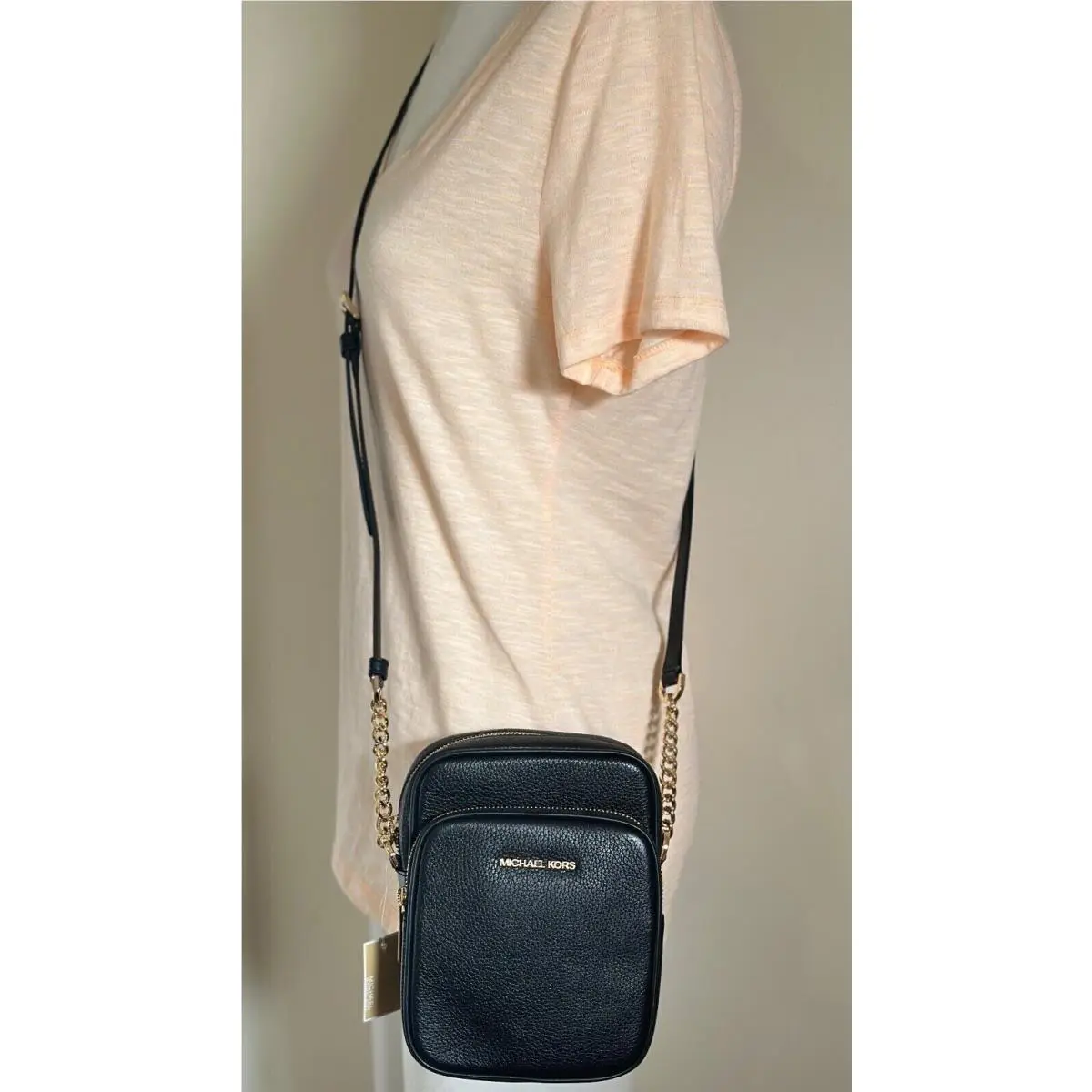 Michael Kors Jet Set Flight Travel Black Pebbled Leather Medium Crossbody Bag