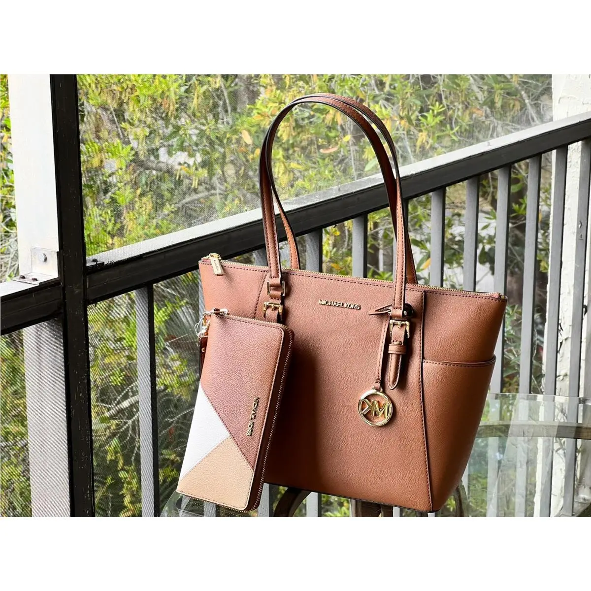 Women Leather Shoulder Tote Handbag Bag + Long Zip Around Wallet LUGGAGE MULTI by Michael Kors
