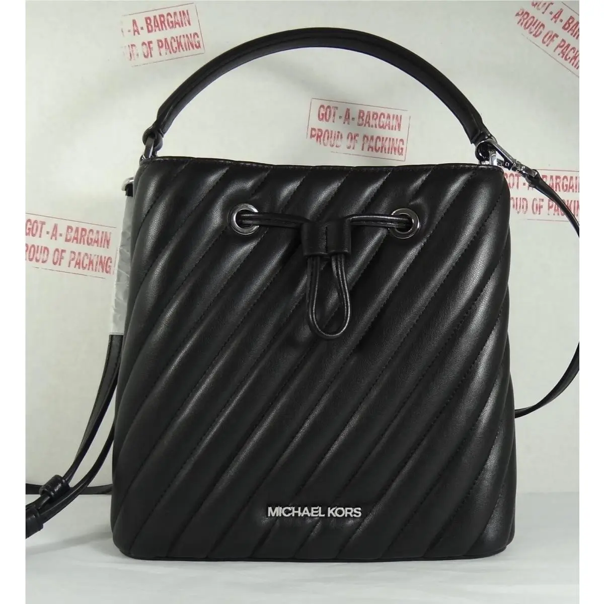 Michael Kors Suri Medium Black White Quilted Leather Bucket Crossbody Purse Bag
