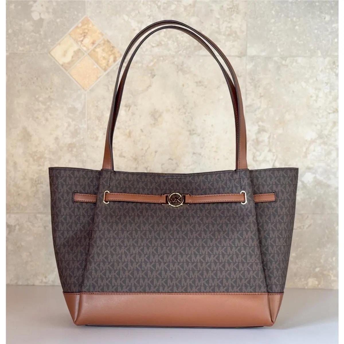 Reed Large Belted Shoulder Leather Tote Bag Purse Handbag MK BROWN by Michael Kors