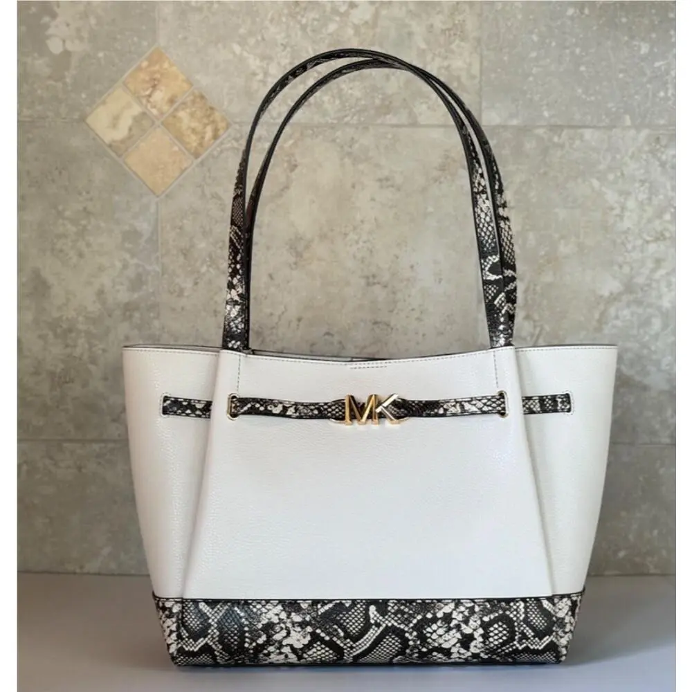 Reed Large Belted Shoulder Leather Tote Bag Purse Handbag Light Cream/Natural Exotic by Michael Kors