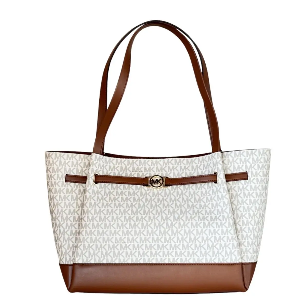 Reed Large Belted Shoulder Leather Tote Bag Purse Handbag MK VANILLA/BROWN by Michael Kors