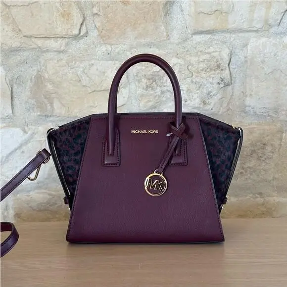 Michael Kors Avril Small Top Zip Satchel Oxblood Leopard Calf Hair Wallet Option