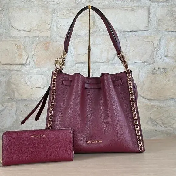 Mina Pebble Large Chain Shoulder Bag Dark Cherry/wallet Option Handbag+Wallet by Michael Kors