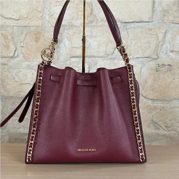 Mina Pebble Large Chain Shoulder Bag Dark Cherry/wallet Option Handbag by Michael Kors