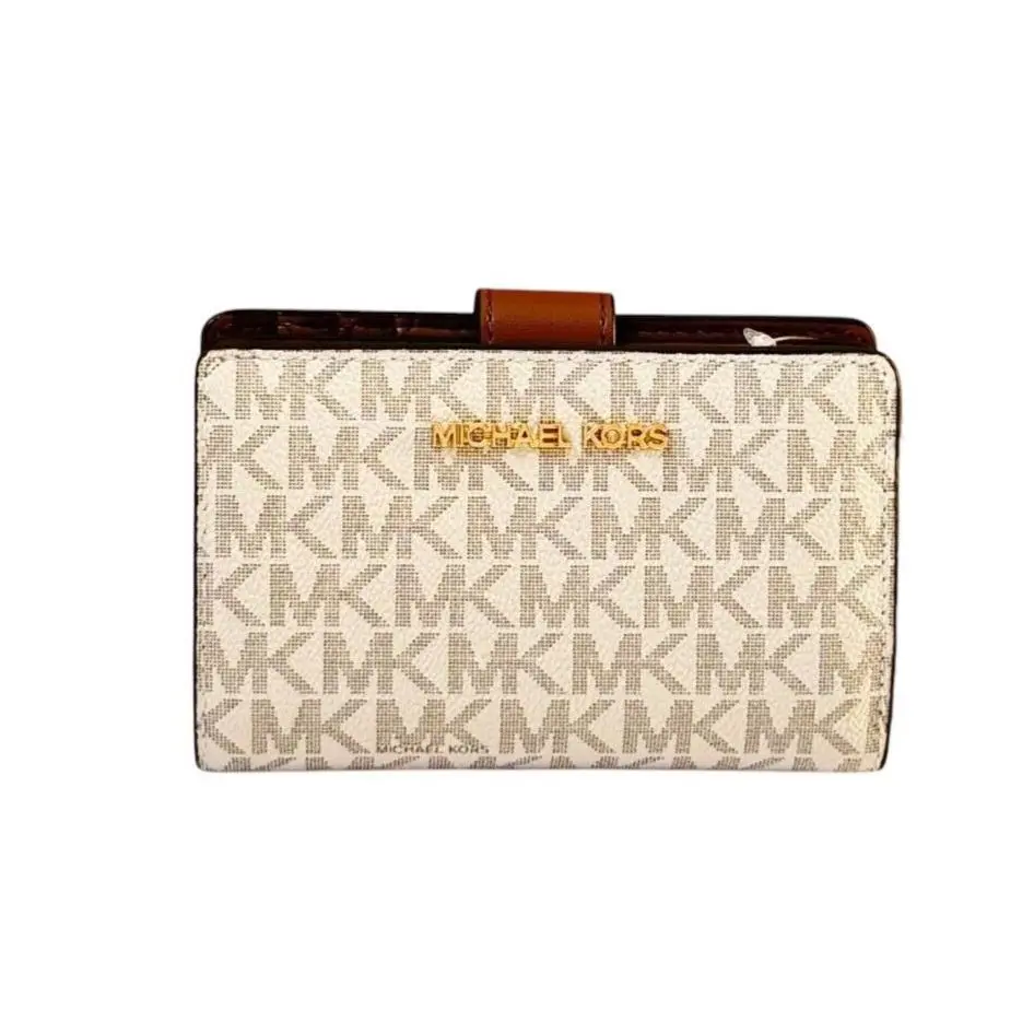 Jet Set Travel Medium Bifold Zipper Coin Wallet MK VANILLA/BROWN by Michael Kors