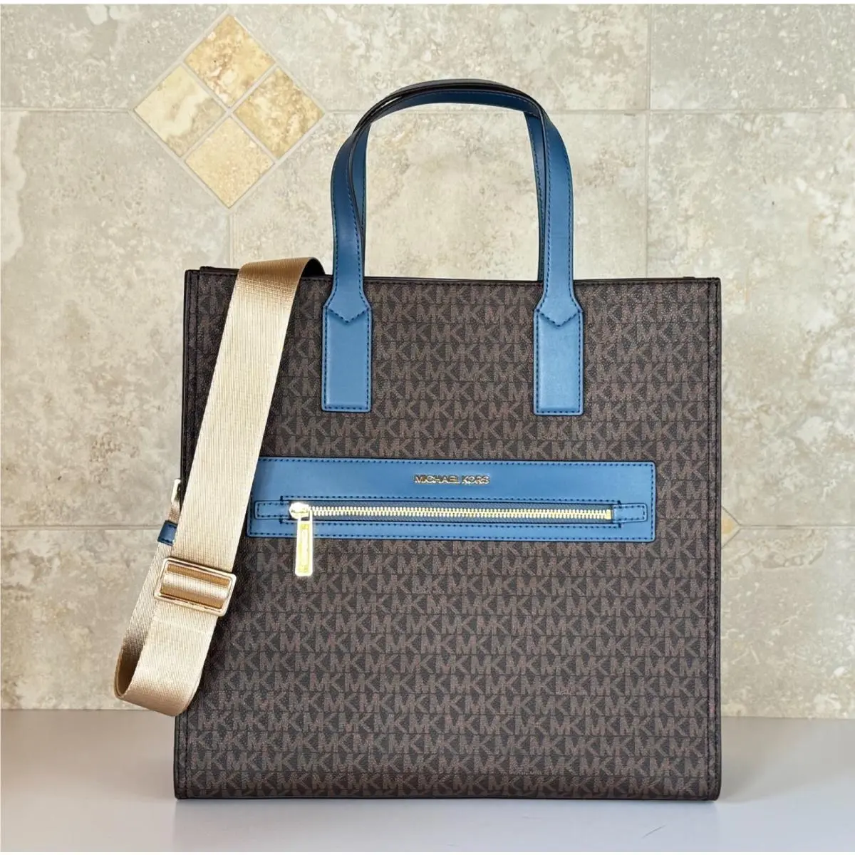 Kenly Large North South Satchel Tote Shoulder Bag MK Brown Dark Chambray by Michael Kors