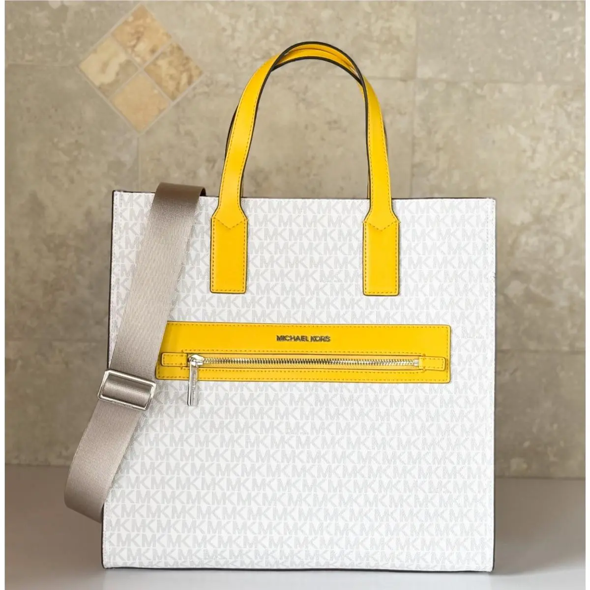 Kenly Large North South Satchel Tote Shoulder Bag MK White Yellow Citrus by Michael Kors