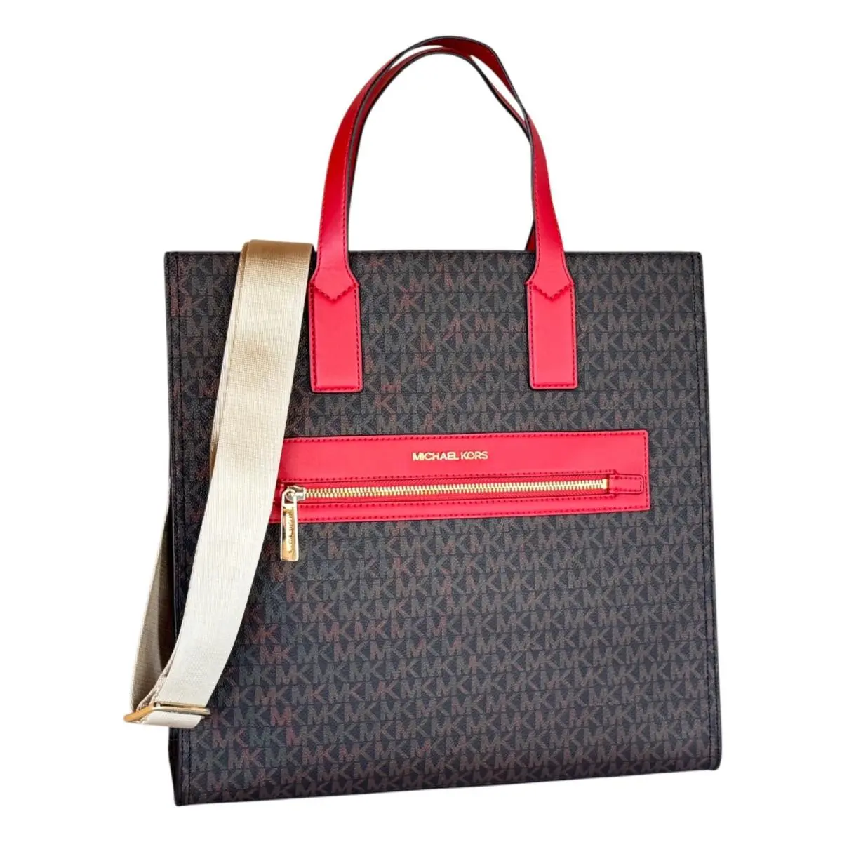 Kenly Large North South Satchel Tote Shoulder Bag MK Brown Red by Michael Kors
