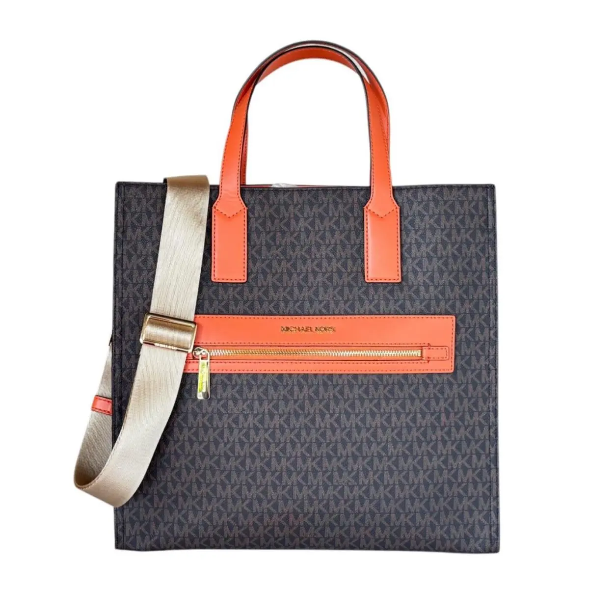 Kenly Large North South Satchel Tote Shoulder Bag MK Brown Tangerines by Michael Kors