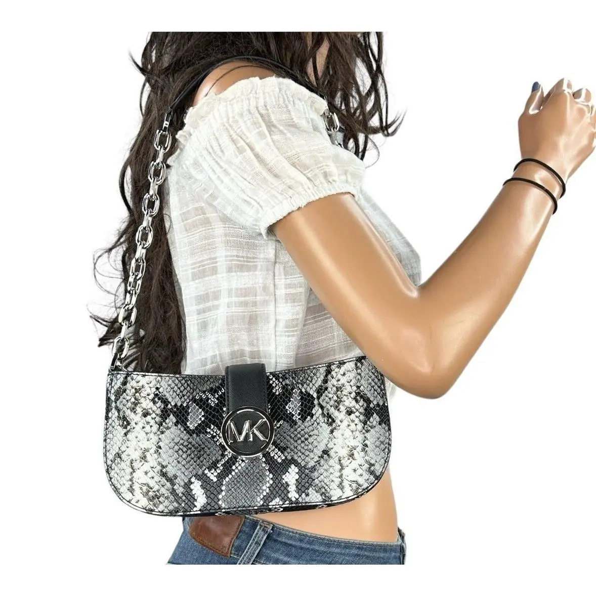 Carmen Small Pouchette Shoulder Chain Bag Purse EXOTIC BLACK by Michael Kors