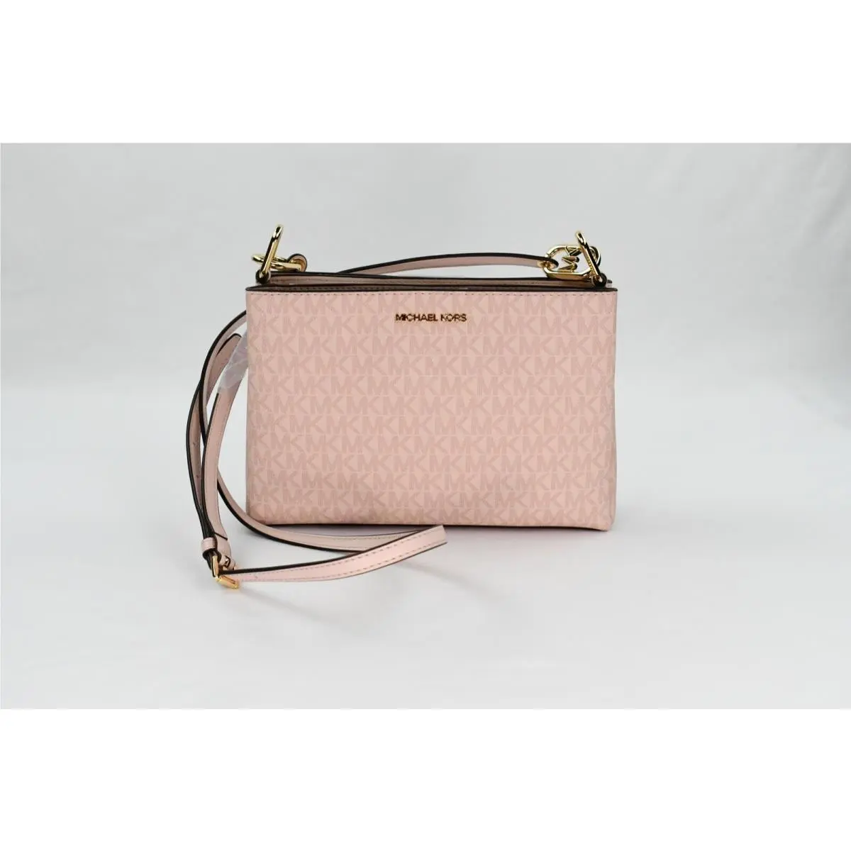 Trisha Triple Compartment Signature Logo Crossbody MK Bag dark powder blush logo by Michael Kors
