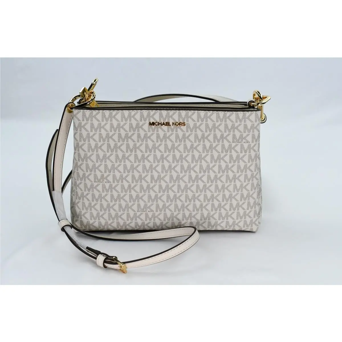 Trisha Triple Compartment Signature Logo Crossbody MK Bag Vanilla/ Cream Strap by Michael Kors