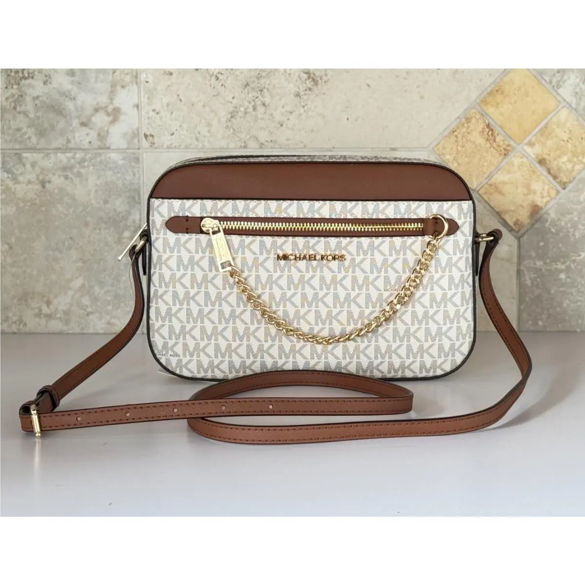 Jet Set Item East West Shoulder Chain Crossbody Bag MK Vanilla Brown by Michael Kors