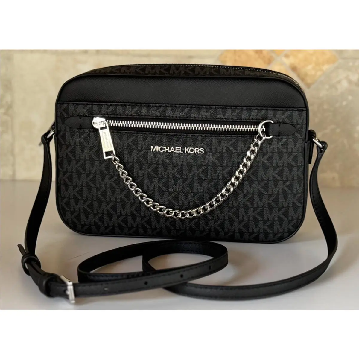 Jet Set Item East West Shoulder Chain Crossbody Bag MK Black/Silver Toned Hardware by Michael Kors
