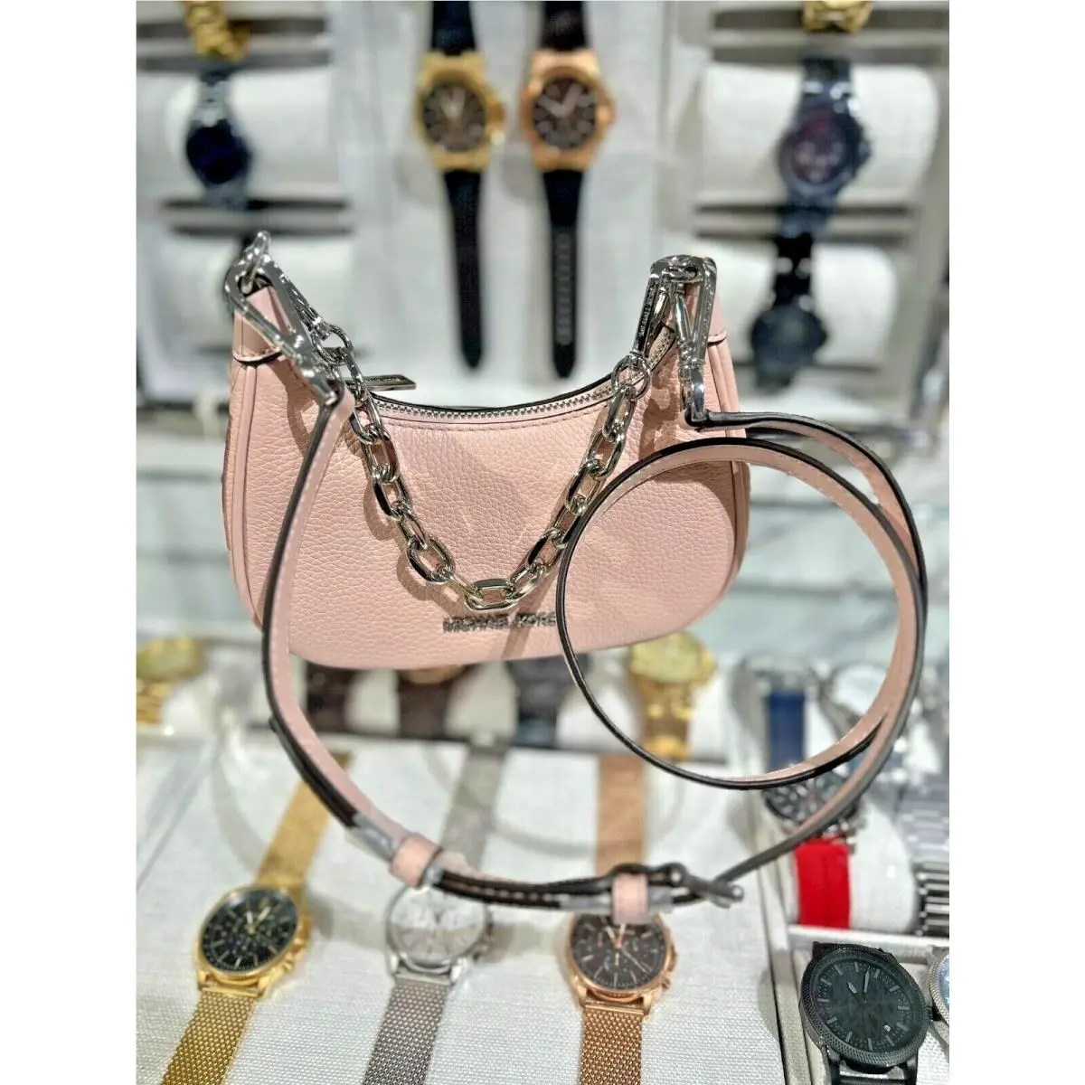 Mini/very Small Pvc or Leather Shoulder Crossbody Handbag Purse MK POWDER BLUSH (SILVER) by Michael Kors