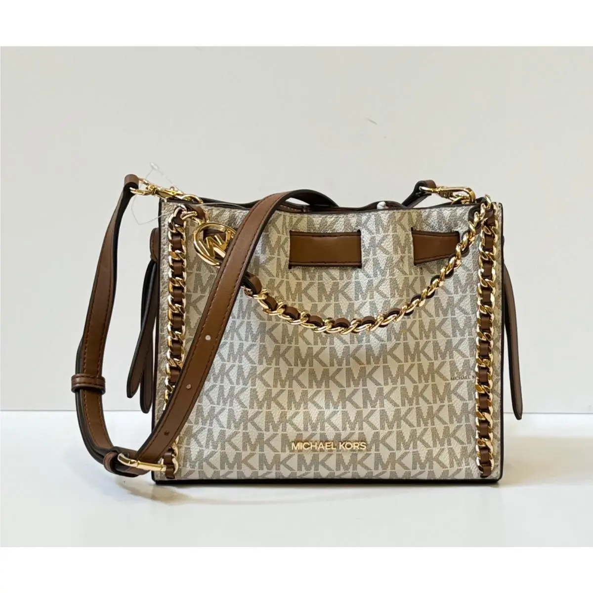 Mina Small Mini Belted Chain Satchel Shoulder Crossbody Bag MK VANILLA/BROWN by Michael Kors