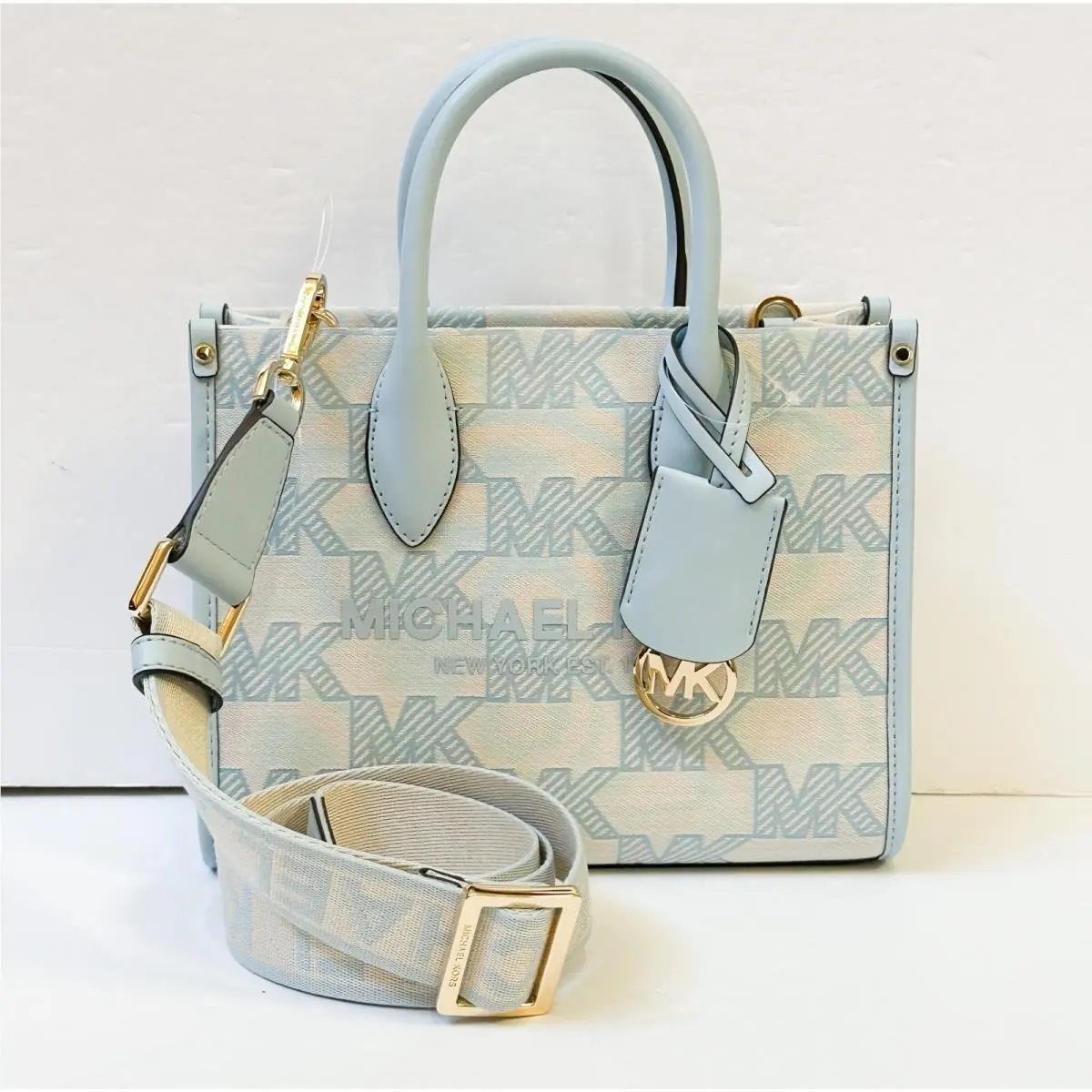 Mirella Small Shopper Crossbody Satchel Bag Graphic Logo Large MK MK BEIGE BLUE by Michael Kors