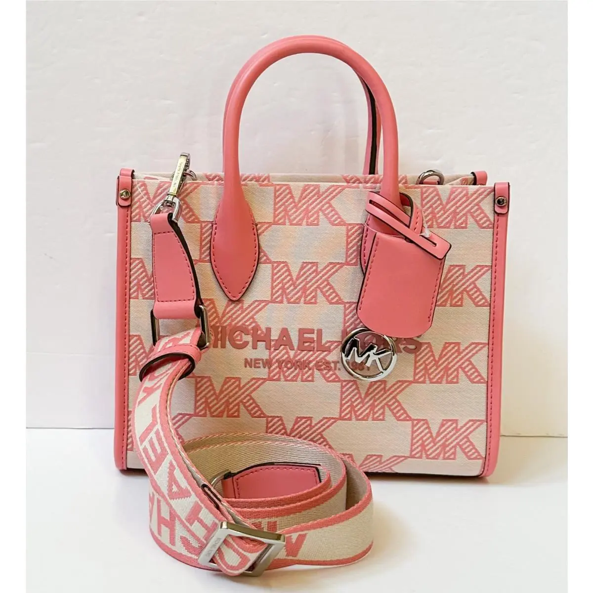 Mirella Small Shopper Crossbody Satchel Bag Graphic Logo Large MK MK BEIGE TEAROSE by Michael Kors
