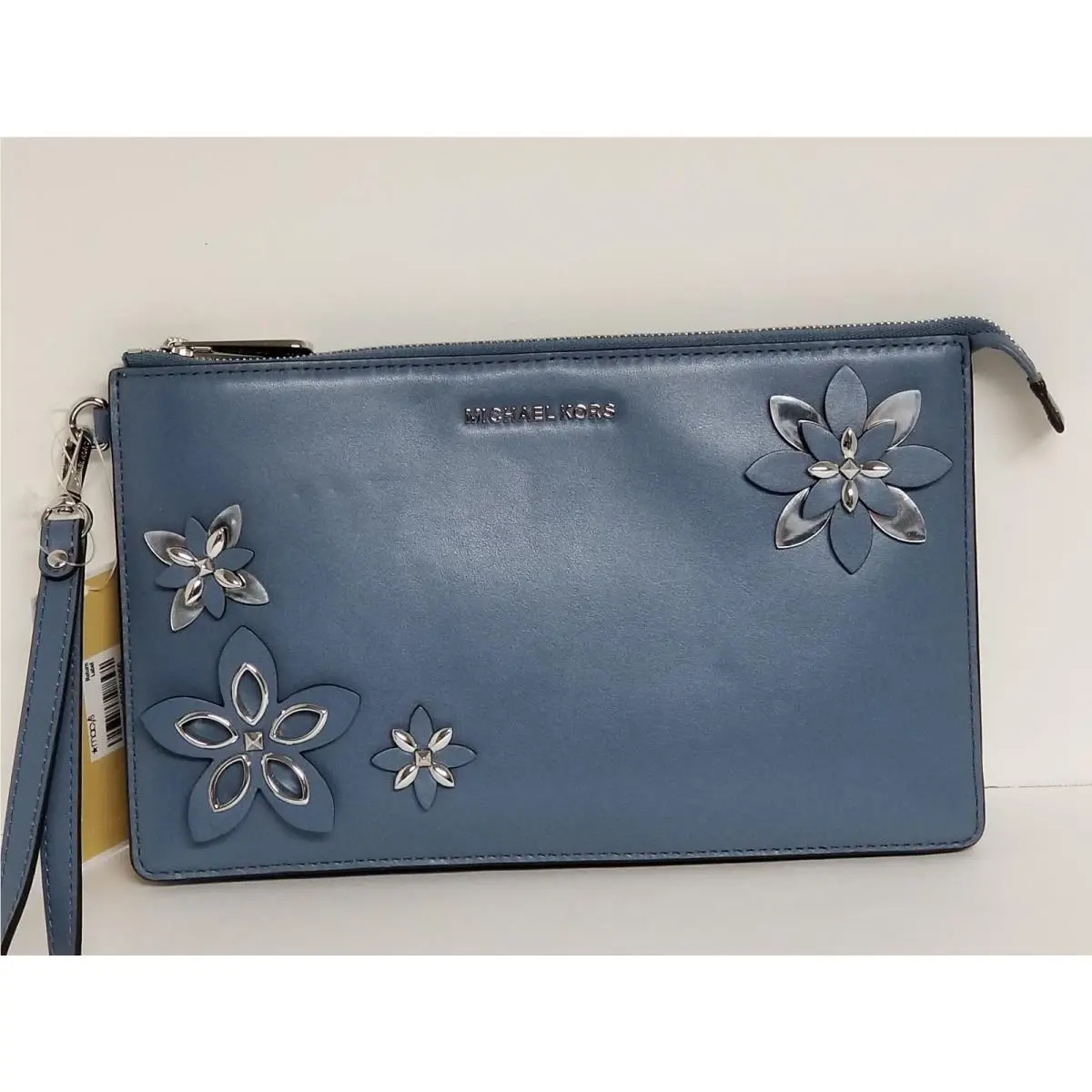 Michael Kors Flowers Daniela Denim Blue Large Leather Wristlet