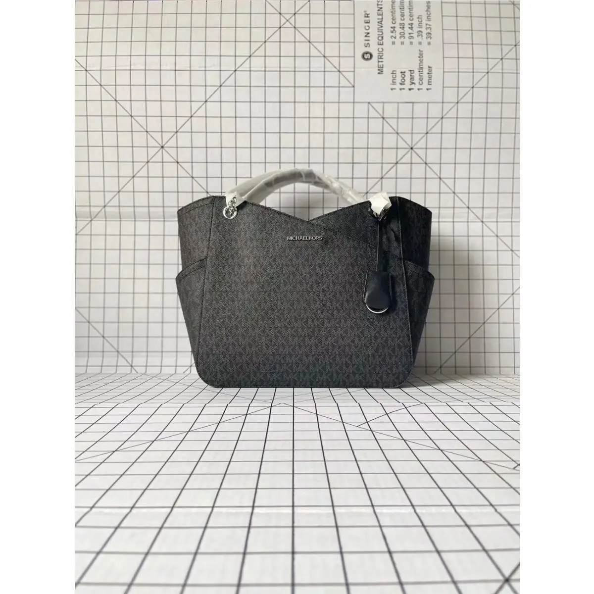 Jet Set Travel Large Chain Shoulder Tote Signature MK Bag Black Logo/ Silver by Michael Kors