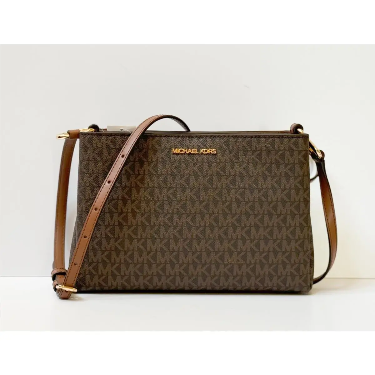 Trisha Triple Compartment Shoulder Crossbody Bag MK Signature/solid MK BROWN by Michael Kors