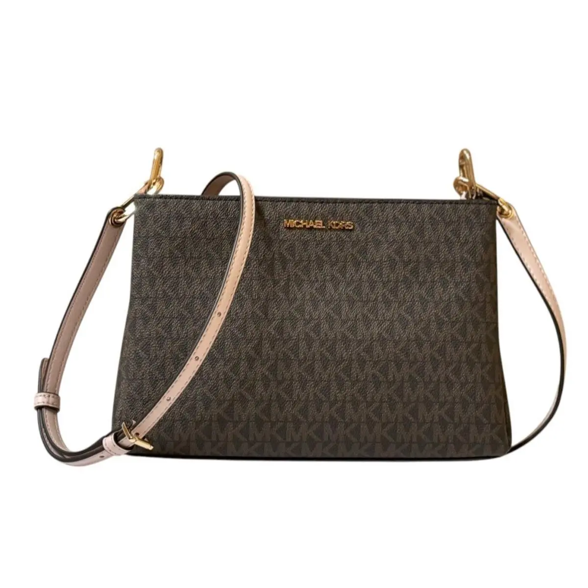 Trisha Triple Compartment Shoulder Crossbody Bag MK Signature/solid MK BROWN/PINK by Michael Kors