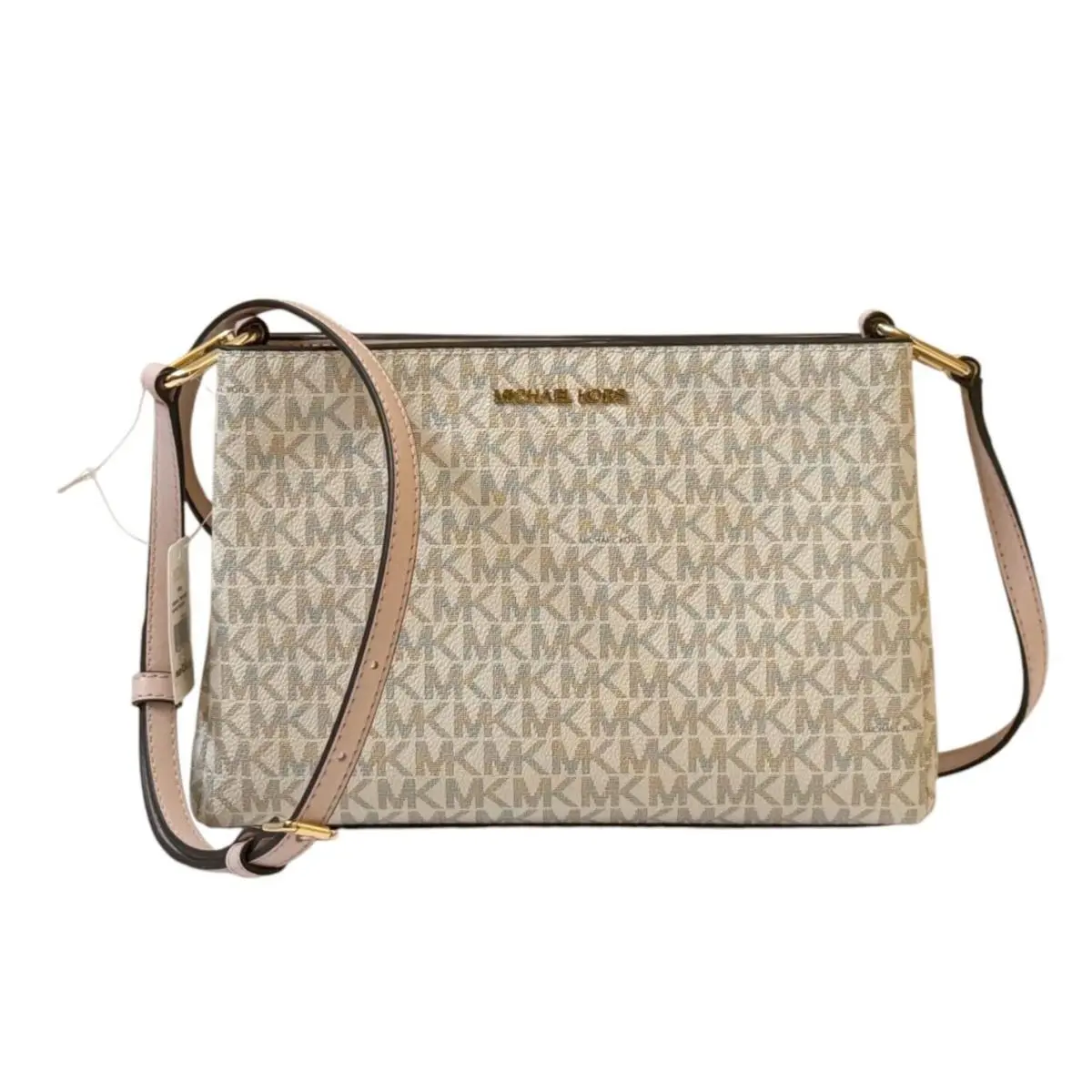 Trisha Triple Compartment Shoulder Crossbody Bag MK Signature/solid MK VANILLA/PINK by Michael Kors