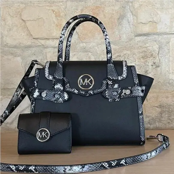 Carmen Medium Flap Satchel Shoulder Bag MK Black Wallet Option handbag+Wallet by Michael Kors