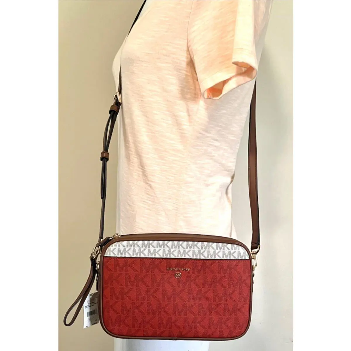 Jet Set Charm Pocket Large EW MK Signature Pvc Clutch Crossbody Bag Dark Orang multi/gold by Michael Kors