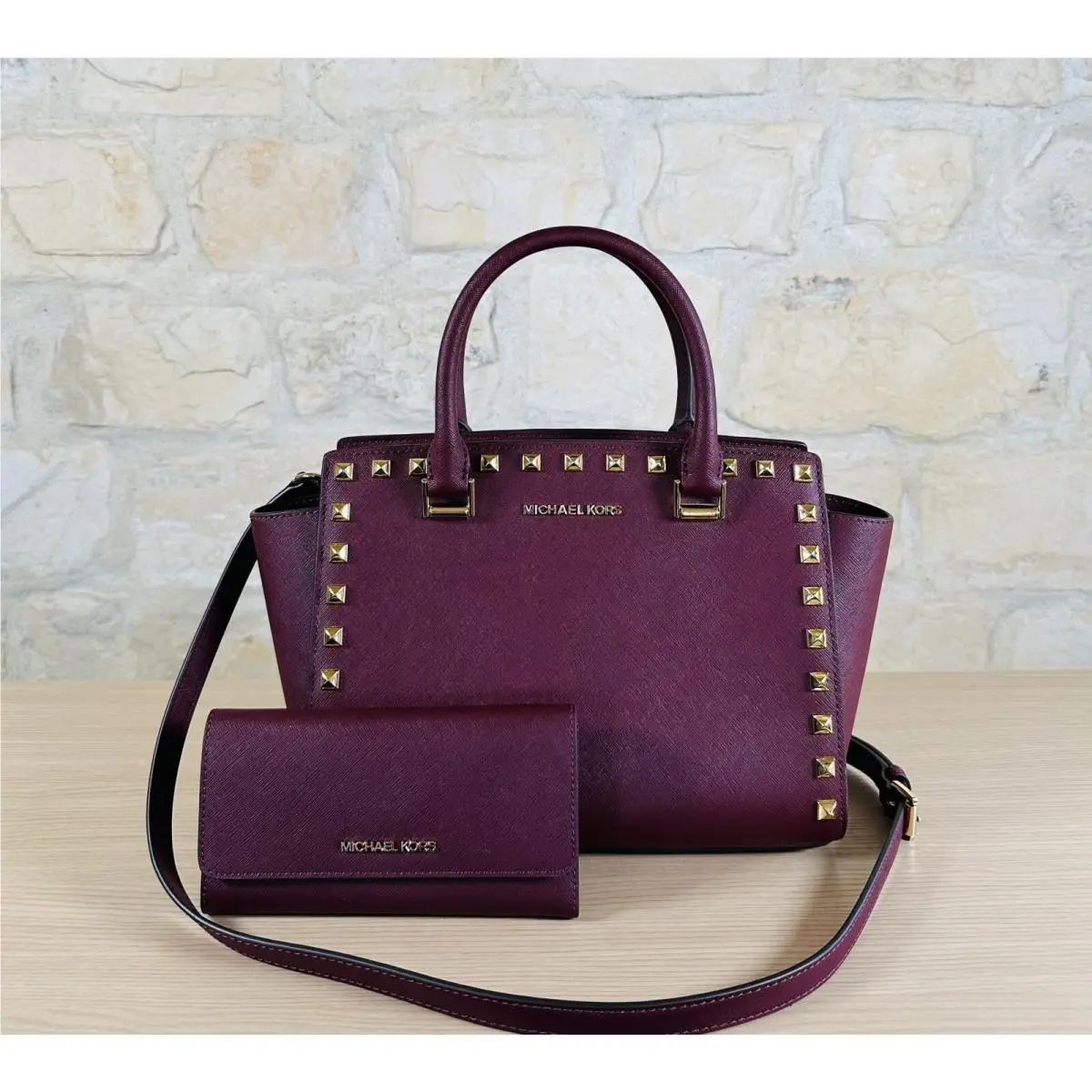 Selma Stud Leather Top Zip MD Satchel Bag Merlot/wallet Option Handbag+Wallet by Michael Kors